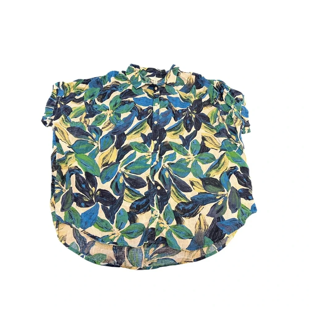 Time and Tru Womens XXXL 22 Blue Green Tropical Floral Linen Blend Button Shirt